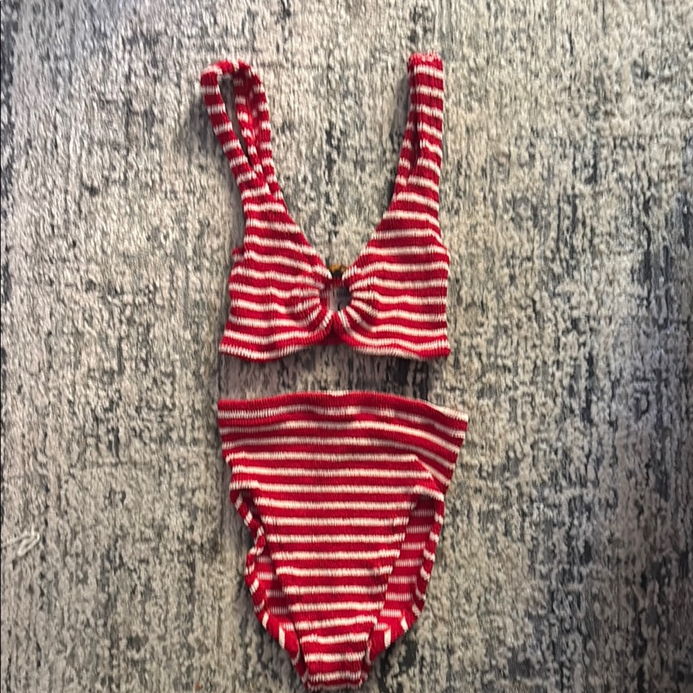 Hunza G Red and White Striped Bikini Set